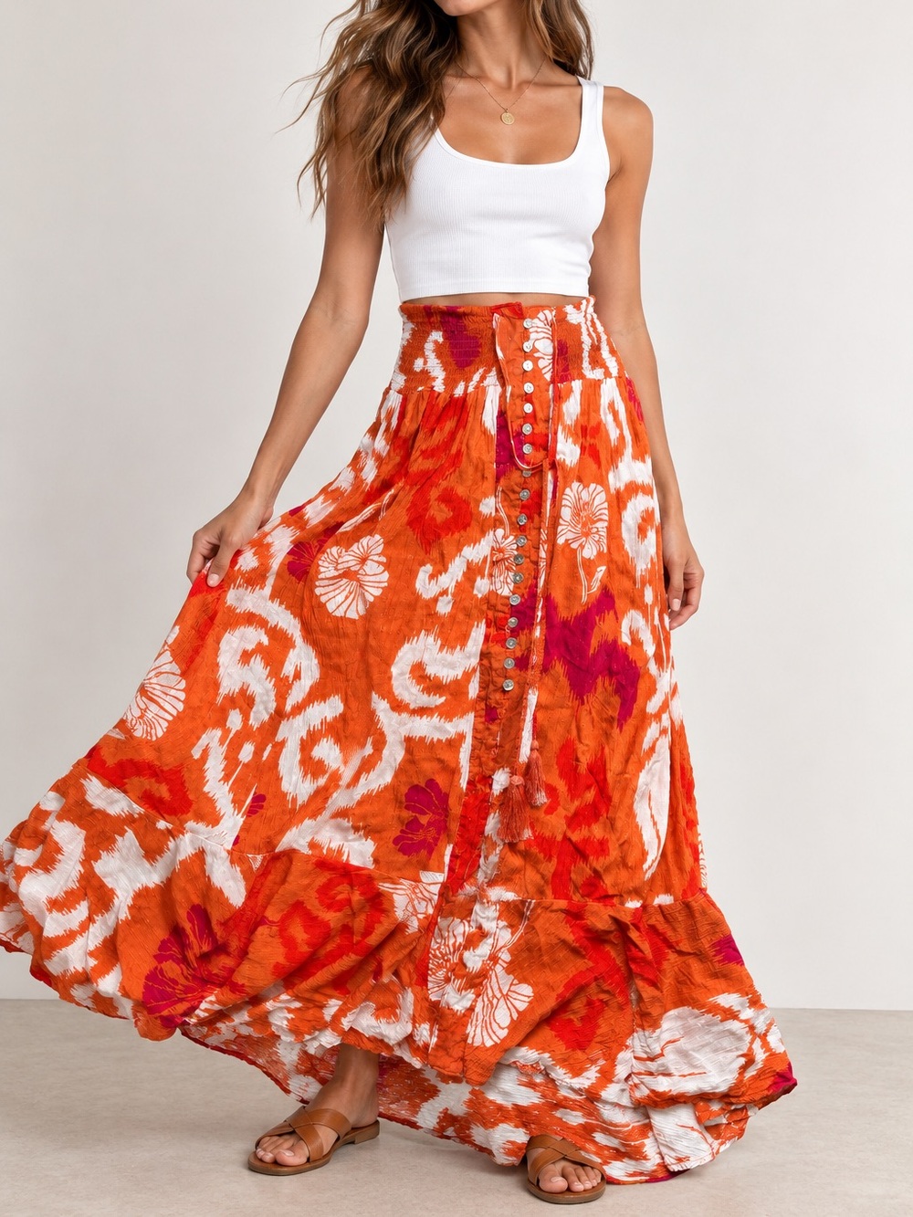 Rachel Zoe Floral Maxi Skirt Orange Red White Boho Button Front Smocked Waist